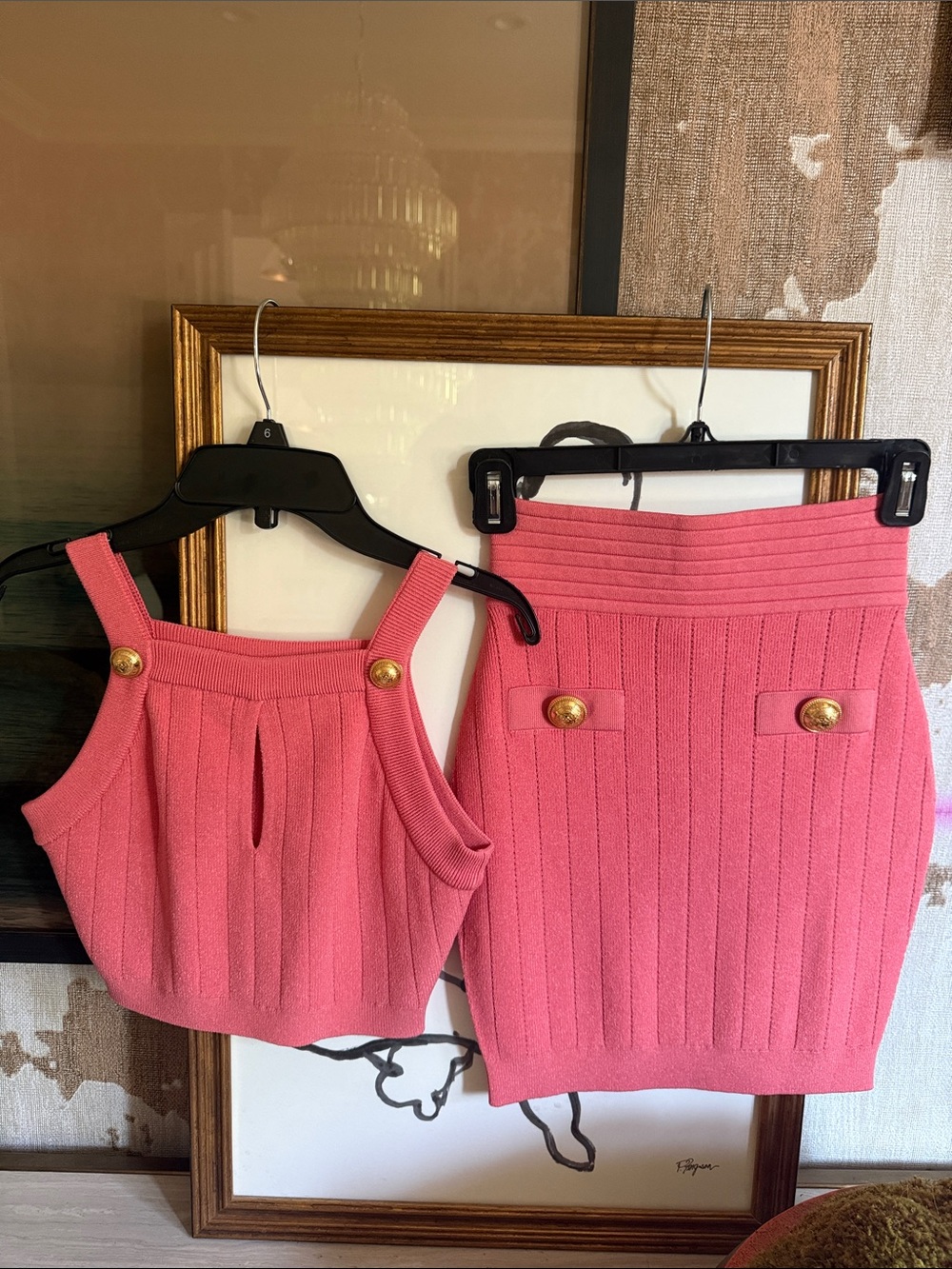 Balmain Embellished Pointelle Pink Ribbed Knit Two-Piece Skirt Set.